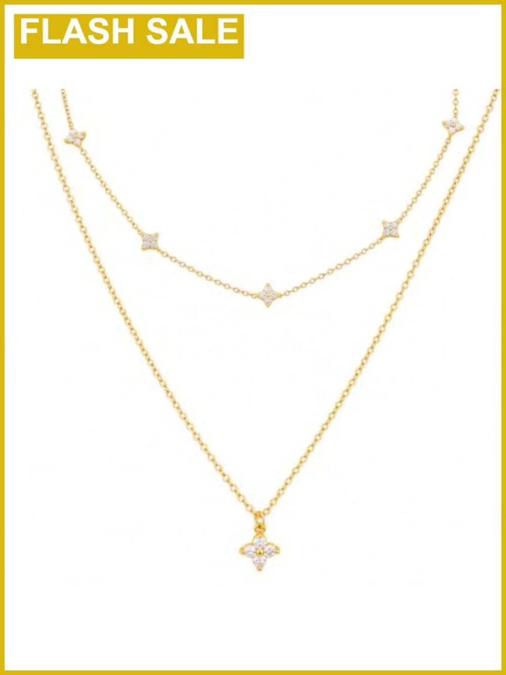 Layered Necklace Set Gold Plated Clover Initial